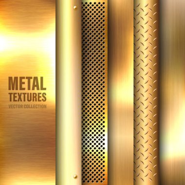 Gerçekçi fırçalanmış metal dokular seti. Parlatılmış paslanmaz çelik arka plan. Vektör illüstrasyonu