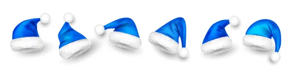 Různé Klobouky Santa Claus Kožešinou Nový Rok Modrý Klobouk Realistická — Stockový vektor