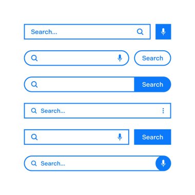 Various search bars with outline border. Internet browser engine with search box, address bar and text field. UI design, website interface element, web icons and push button. Vector illustration.