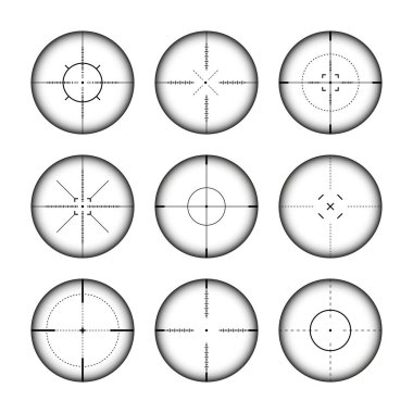 Çeşitli silah görüşleri, keskin nişancı tüfeği optik dürbünleri. Çapraz görüşlü av tüfeği arayıcısı. Nişan al, nişan işareti sembolü. Askeri hedef işareti, siluet. Oyun arayüzü UI ögesi. Vektör illüstrasyonu.