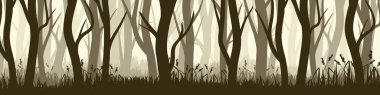 Çeşitli kozalaklı ya da yaprak döken ağaçları olan vahşi bir orman. Çeşitli ağaç gövdeleri, siluetler ve otlarla geniş yatay afişler. Karanlık sisli çam ormanı manzarası, manzara. Vektör illüstrasyonu.