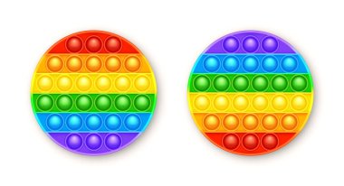 Renkli silikon anti-stres oyuncağı beyaz arka planda izole edilmiş. Çocuklar için moda bir duyusal oyun. Gökkuşağı, parlak renkli patlamış baloncuklu hareketli oyuncağı itin. Vektör illüstrasyonu.
