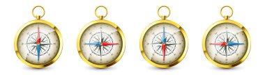 Deniz rüzgârının yükseldiği ve Kuzey, Doğu, Güney, Batı 'nın başlıca yönlerinin olduğu gerçekçi, altın rengi bir pusula. Parlak metal seyir pusulası. Harita ve navigasyon. Vektör illüstrasyonu.