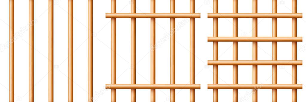Realistic wooden lattice, rural picket fence. Farm or village house boundary, garden enclosing planks. Detailed wooden jail cage. Criminal background mockup. Creative vector illustration.