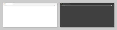 Sekme, araç çubuğu ve arama alanı olan boş web tarayıcı penceresi. Modern web sitesi, düz stil internet sayfası. Bilgisayar, tablet ve akıllı telefon için tarayıcı modeli. Aydınlık ve karanlık mod. Vektör illüstrasyonu.