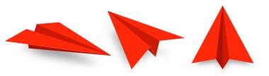 Gerçekçi kırmızı kağıt uçak koleksiyonu. El yapımı origami uçak düz stil. Bir çocuk için kağıt oyuncak. İş konsepti, proje açılışı ve hedef başarısı. Vektör illüstrasyonu.