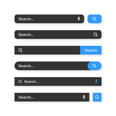 Various search bar templates, dark mode. Internet browser engine with search box, address bar and text field. UI design, website interface element with web icons and push button. Vector illustration.