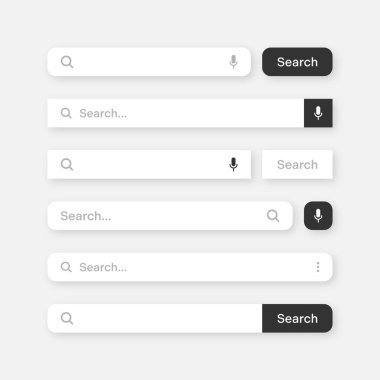 Various search bar templates. Internet browser engine with search box, address bar and text field. UI design, website interface element with web icons and push button. Vector illustration.
