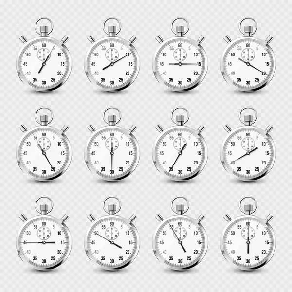 Gerçekçi Klasik Kronometre Simgeleri Parlak Metal Kronometre Çevirmeli Zaman Sayacı — Stok Vektör