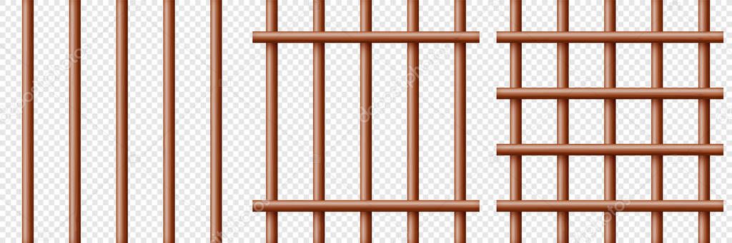 Realistic dark wooden lattice, rural picket fence. Farm or village house boundary, garden enclosing planks. Detailed wooden jail cage. Criminal background mockup. Creative vector illustration.
