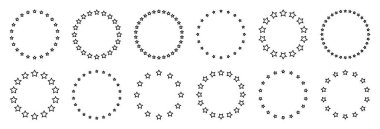 Çemberde çeşitli boyutlarda yıldızlar var. Yuvarlak çerçeve, sınır. Siyah yıldız çizgisi, basit bir sembol. Tasarım elemanı, süs. Çizgi çalışması. Vektör illüstrasyonu.