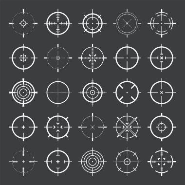 Crosshair, silah görüş vektör simgeleri. Tam isabet, hedef al ya da hedef al. Askeri tüfek dürbünü, işaret fişeği. Nişan alıyorum, nişan alıyorum. Okçuluk, avcılık ve spor atıcılığı. Oyun UI ögesi
