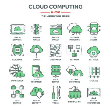 Cloud computing and internet technology, database remote access. Web hosting, online services data protection. Information security, data sharing and backup. Thin line icons set. Vector illustration.