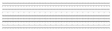 Bölünmüş farklı ölçeklerde. Uzunluğu, yüksekliği santimetre, milimetre ya da inç olarak ölçmek için gerçekçi uzun ölçekli. Cetvel, mezura işaretleri, boyut göstergeleri. Vektör illüstrasyonu.
