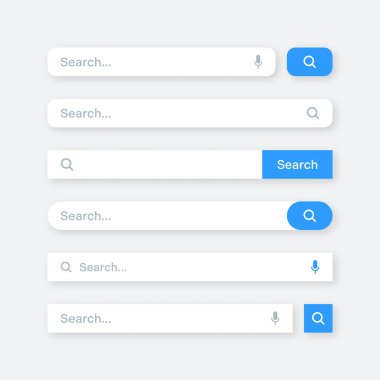 Various search bar templates. Internet browser engine with search box, address bar and text field. UI design, website interface element with web icons and push button. Vector illustration.