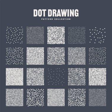 Kare şeklinde noktalı nesneler, noktalı elementler. Noktalama, noktalama çizimi, noktalar kullanarak gölgeleme. Piksel ayrışması, yarım ton etkisi. Beyaz gürültü tanecikli doku, desen. Vektör illüstrasyonu.