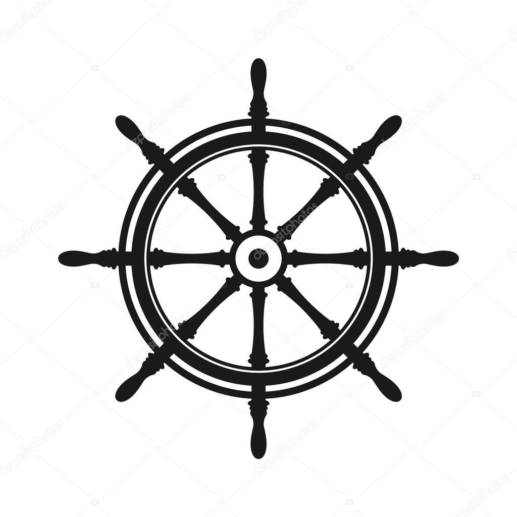 Vintage steering wheel. Ship, yacht retro wheel symbol. Nautical rudder icon. Marine design element. Vector illustration.