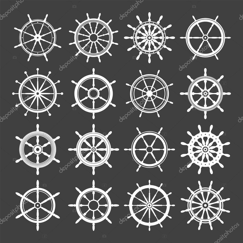 Collection of white vintage steering wheels. Ship, yacht retro wheel symbol. Nautical rudder icon. Marine design element. Vector illustration.