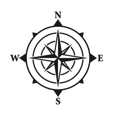 Klasik deniz rüzgârı yükseldi, deniz haritası. Kuzey, Doğu, Güney, Batı 'nın başlıca yönlerini gösteren tek renkli seyir pusulası. Coğrafi konum, haritacılık ve navigasyon. Vektör illüstrasyonu