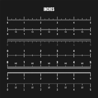 Realistic white inch scale for measuring length or height. Various measurement scales with divisions. Ruler, tape measure marks, size indicators. Vector illustration.