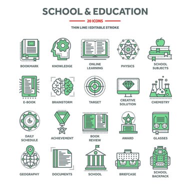 School education, university studies. Study, learning and educational process. Online lessons, e-learning with video tutorials. Knowledge acquisition. Thin line web icons set. Vector illustration.