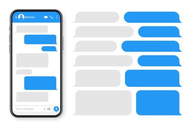 Mesajlaşma uygulaması olan gerçekçi bir akıllı telefon. Boş SMS metin çerçevesi. Mavi mesaj baloncuklarıyla sohbet ekranı. Sosyal medya uygulaması. Vektör illüstrasyonu
