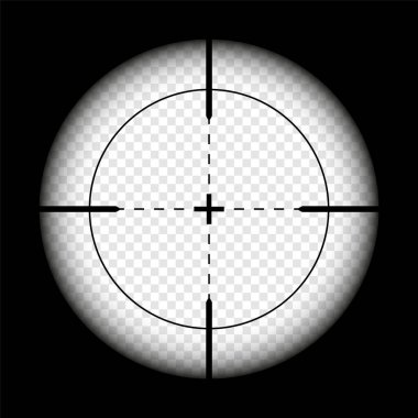 Silah görüşü, siyah arka planda keskin nişancı tüfeği optik dürbünü. Çapraz görüşlü av tüfeği arayıcısı. Nişan al, nişan işareti sembolü. Askeri hedef işareti, siluet. Oyun UI ögesi. Vektör illüstrasyonu.