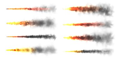 Realistic black smoke with fire, space rocket launch trails. Fire burst, explosion. Missile or bullet trail. Jet aircraft tracks. Smoke clouds, fog. Steam flow. Vector illustration.