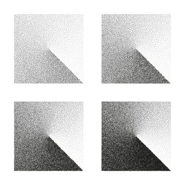 Kare şeklinde noktalı nesneler, noktalı elementler. Noktalama, noktalama çizimi, noktalar kullanarak gölgeleme. Piksel ayrışması, yarım ton etkisi. Beyaz gürültü tanecikli doku. Gittikçe azalıyor. Vektör illüstrasyonu.