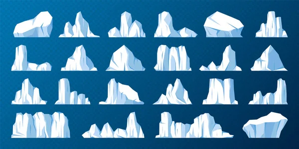 浮动的冰山集合 漂移的北极冰川 冰冷的海水 多雪的群山 融化的冰峰 南极雪景 南极和北极 矢量说明 — 图库矢量图片