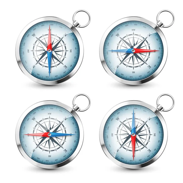 Realistický Stříbrný Retro Kompas Mořskou Větrnou Růžicí Kardinálními Směry Severu — Stockový vektor