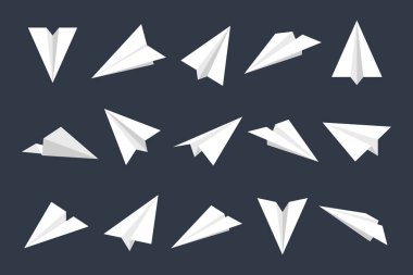 Realistic white paper planes collection. Handmade origami aircraft in flat style. Paper toy for a child. Business concept element, project startup and goal achievement. Vector illustration.