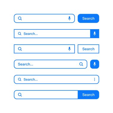 Various search bars with outline border. Internet browser engine with search box, address bar and text field. UI design, website interface element, web icons and push button. Vector illustration.
