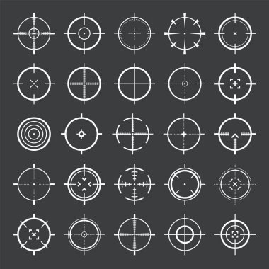 Crosshair, silah görüş vektör simgeleri. Tam isabet, hedef al ya da hedef al. Askeri tüfek dürbünü, işaret fişeği. Nişan alıyorum, nişan alıyorum. Okçuluk, avcılık ve spor atıcılığı. Oyun UI ögesi