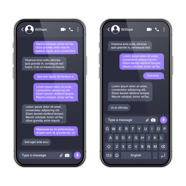 Mesajlaşma uygulaması olan gerçekçi bir akıllı telefon. SMS metin çerçevesi. Menekşe mesaj baloncukları ve yer tutucu metin ile sohbet ekranı. Sosyal medya uygulaması. Vektör illüstrasyonu
