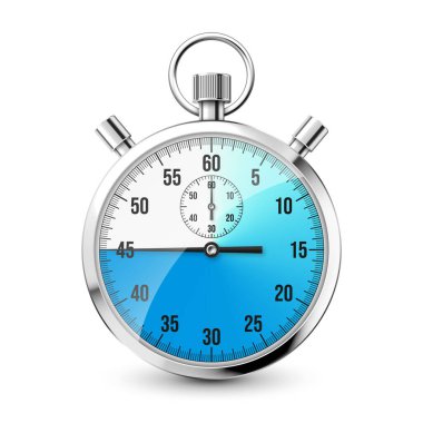 Realistic classic stopwatch icon. Shiny metal chronometer, time counter with dial. Blue countdown timer showing minutes and seconds. Time measurement for sport, start and finish. Vector illustration.