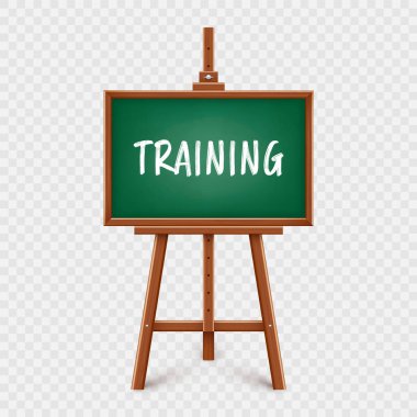 Ahşap sehpada gerçekçi yeşil karatahta. Tahta tahta çerçeveli ve üç ayaklı. Metin, yazı veya çizim yüzeyi olan sunum tahtası. Çevrimiçi çalışma, öğrenme modeli. Vektör illüstrasyonu.