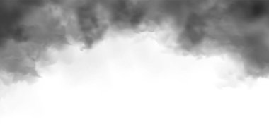 Siyah gerçekçi duman, beyaz arka planda izole toz bulutları. Kirli kirli sis ya da sis. Hava kirliliği, sis etkisi. Yangından ya da patlamadan çıkan duman. Vektör illüstrasyonu.