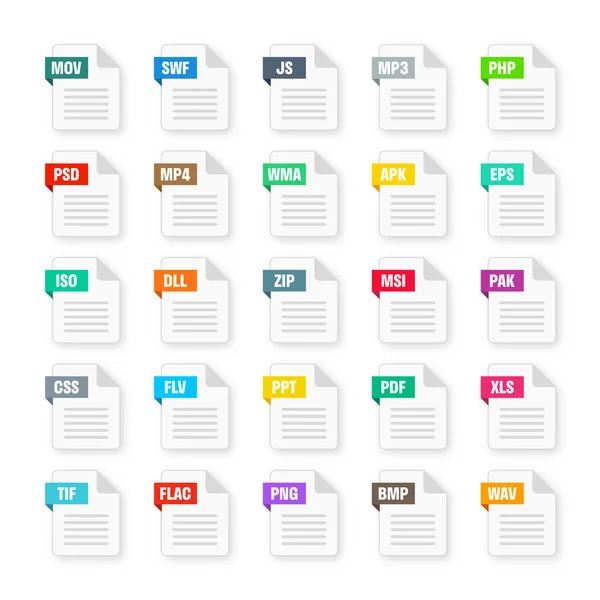 Common System File Formats Document Types Extensions Flat Style Icons — Stok Vektör