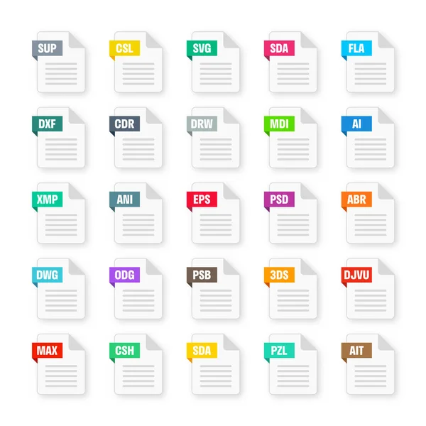 Common System File Formats Document Types Extensions Flat Style Icons — Stok Vektör