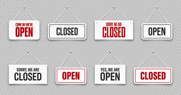 Realistic Open Closed Hanging Signboards Vintage Door Sign Cafe Restaurant — Stock Vector