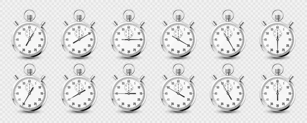 Realistiska Klassiska Stoppur Ikoner Glänsande Metallkronometer Tidsräknare Med Urtavla Nedräkning — Stock vektor
