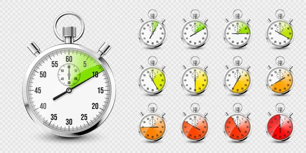 Realistische Klassische Stoppuhren Ikonen Glänzendes Metall Chronometer Zeitzähler Mit Zifferblatt — Stockvektor