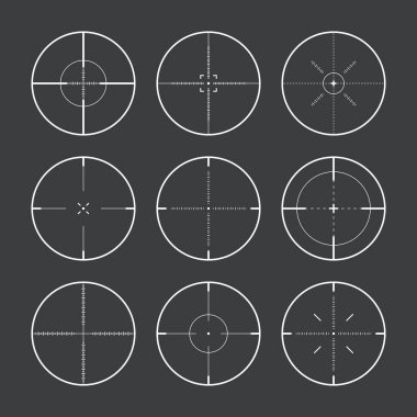 Çeşitli keskin nişancı tüfeği görüşleri, silah optik dürbün görüşü. Avcı silahı dürbünü. Atış işareti, nişan al. Askeri hedef işareti. Oyun arayüzü UI ögesi. Vektör illüstrasyonu.