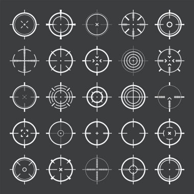 Crosshair, silah görüş vektör simgeleri. Tam isabet, hedef al ya da hedef al. Askeri tüfek dürbünü, işaret fişeği. Nişan alıyorum, nişan alıyorum. Okçuluk, avcılık ve spor atıcılığı. Oyun UI ögesi
