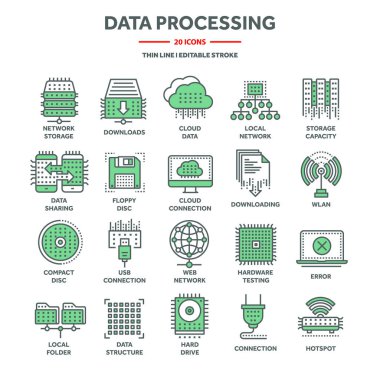 Bulut bilgisayarı, internet teknolojisi, veritabanı uzaktan erişimi. Web sunuculuğu, çevrimiçi veri koruması. Bilgi güvenliği, veri paylaşımı ve yedekleme. İnce çizgi simgeleri ayarlandı. Vektör illüstrasyonu.