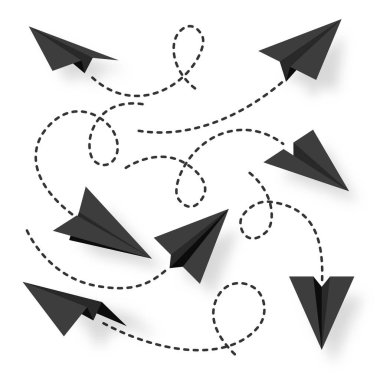Various realistic black paper planes collection. Handmade origami aircraft with dotted doodle route line. Business concept element, project startup and goal achievement. Vector illustration.