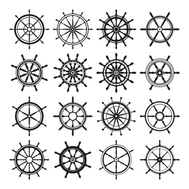 Antika direksiyon koleksiyonu. Gemi, yat retro tekerlek sembolü. Denizci dümeni simgesi. Deniz tasarım elemanı. Vektör illüstrasyonu.