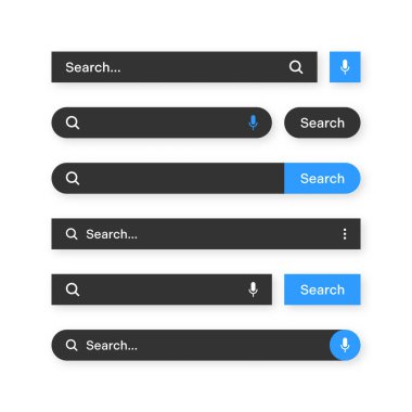 Various search bar templates, dark mode. Internet browser engine with search box, address bar and text field. UI design, website interface element with web icons and push button. Vector illustration.