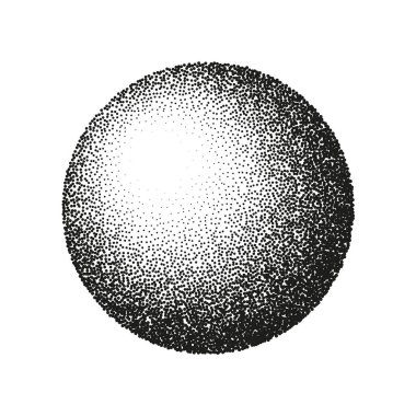 Round shaped dotted object, stipple elements. Fading gradient. Stippling, dotwork drawing, shading using dots. Pixel disintegration, halftone effect. White noise grainy texture. Vector illustration.